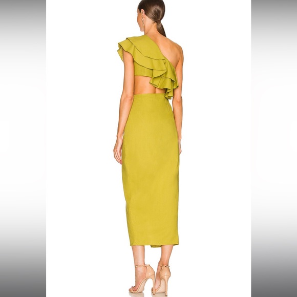 NWT Yaura Titi Green Linen Blend Ruffle Cutout Midi Dress Size 4 Small - Picture 3 of 10